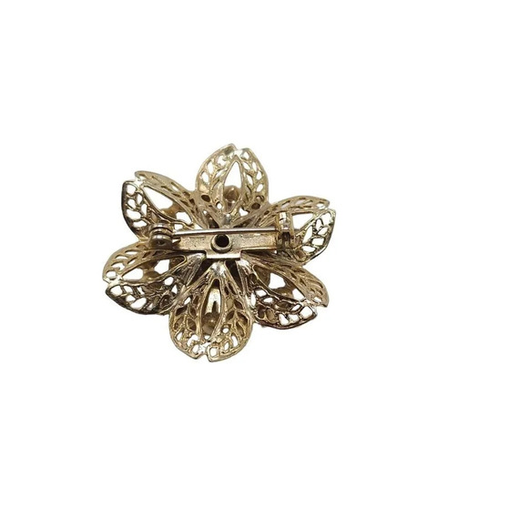 Pink Rhinestone Floral Filigree Brooch Pin Gold Tone Vintage - Picture 3 of 4